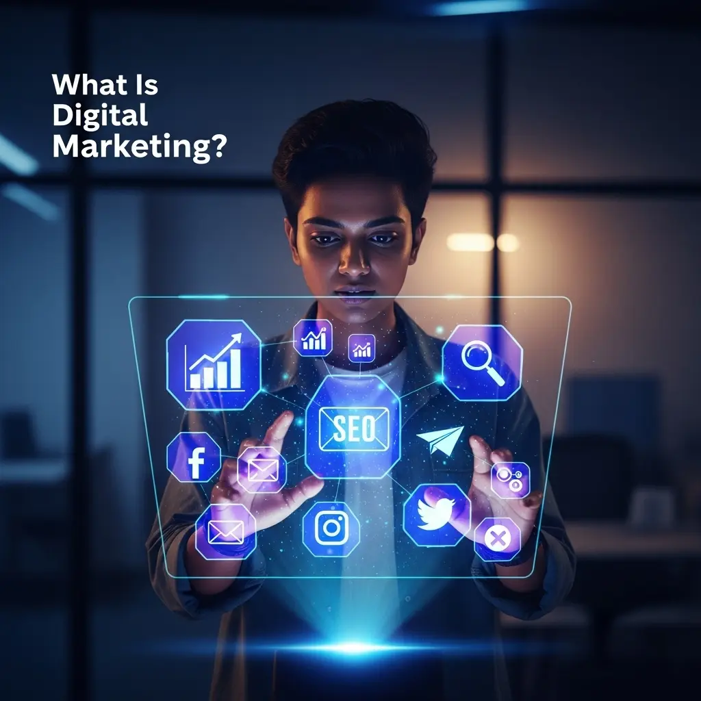 A student interacting with a holographic interface displaying the core components of digital marketing.